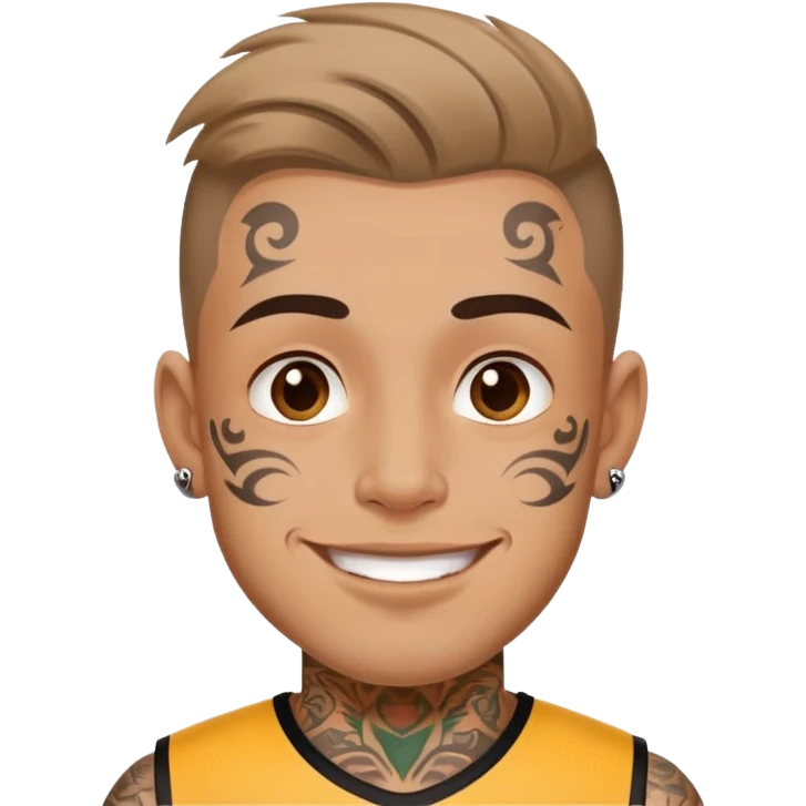 man with small face tattoos, cheerful expression, wearing a jersey emoji
