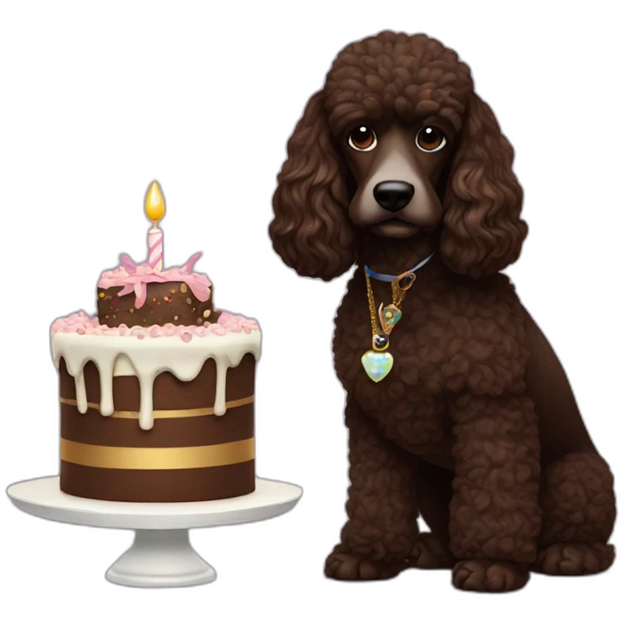 Snoop Dog with a dark brown poodle dog. He has a birthday cake emoji