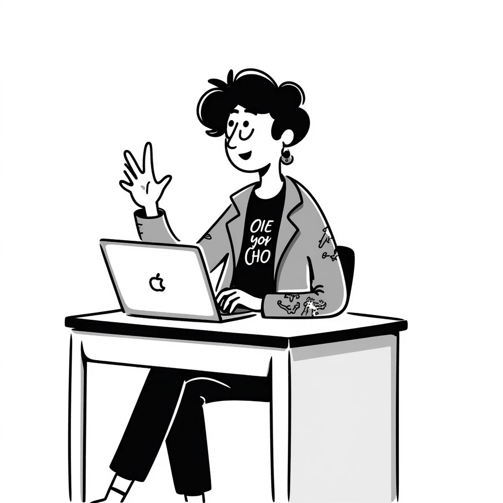 A rockstar female musician with tattoos on her arms, stylish modern haircut with shaved sides, wearing cool rocker clothes, smiling and sitting at a desk with a laptop, raising hand during class emoji