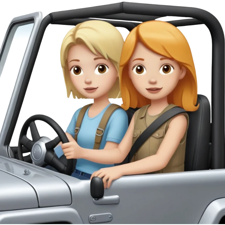 Blonde girl sitting in passenger seat of silver jeep with ginger girl driving  emoji