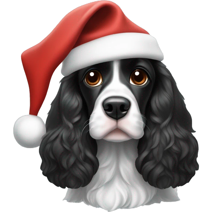 black and white english cocker spaniel with spots on nose and black ears and santa hat emoji