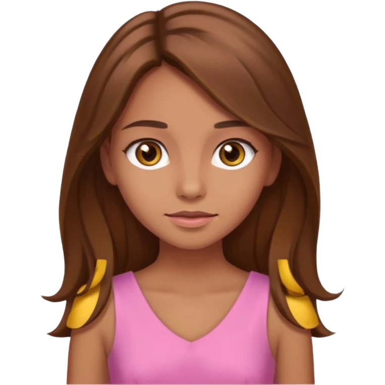 Tan skinned girl with long, brown hair,  hazel colored eyes and in a pink outfit. emoji
