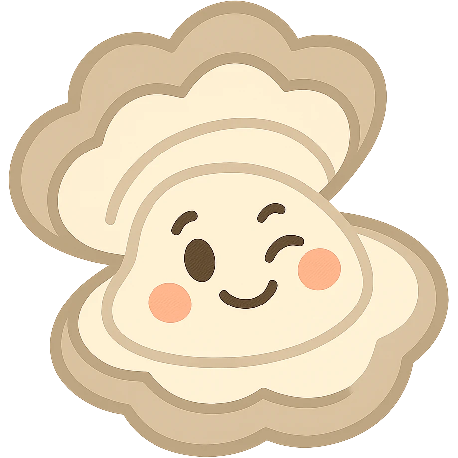 cute oyster with winking expression and rosy cheeks, cream and greige colors, pastel toon style emoji