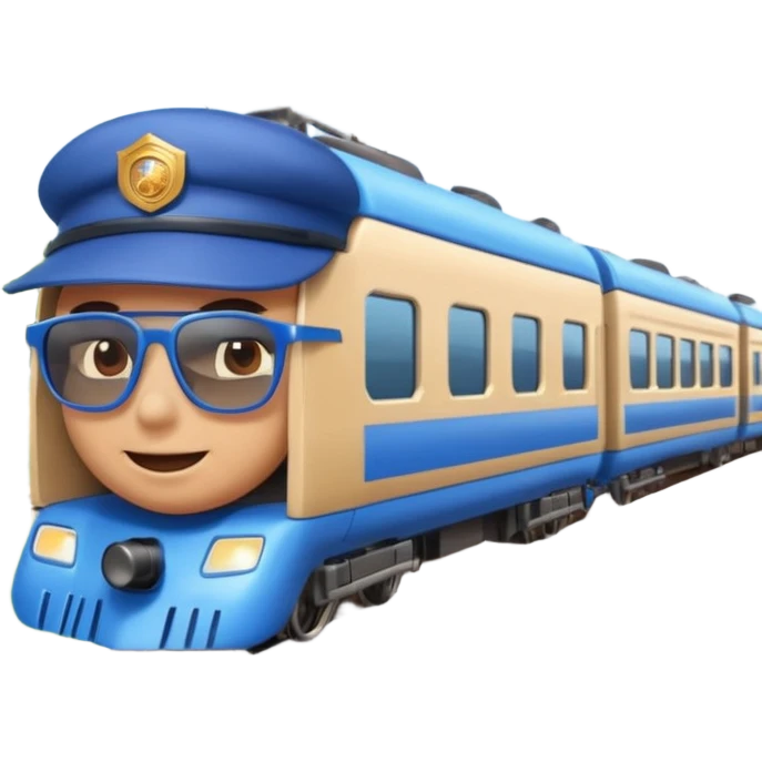 A 3D cartoon sleek white bullet train on tA 3D cartoon passenger train with blue carriages and visible windows, moving through countryside, Memoji-style.racks, high-speed motion blur, clean lighting, Memoji-style realism. emoji