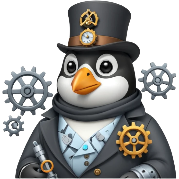 a steampunk engineer penguin fixing a complex gears system on top of an iceberg emoji