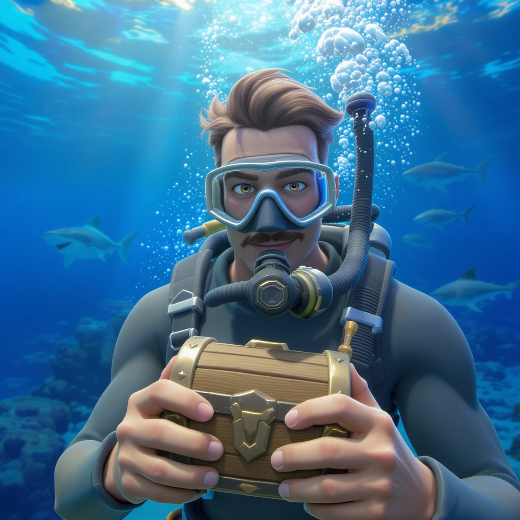 portrait, closeup, 3D, symmetrical, fortnite art style, diver holding chest underwater, happy shark swiming around him, blue crystal water, sunny day emoji