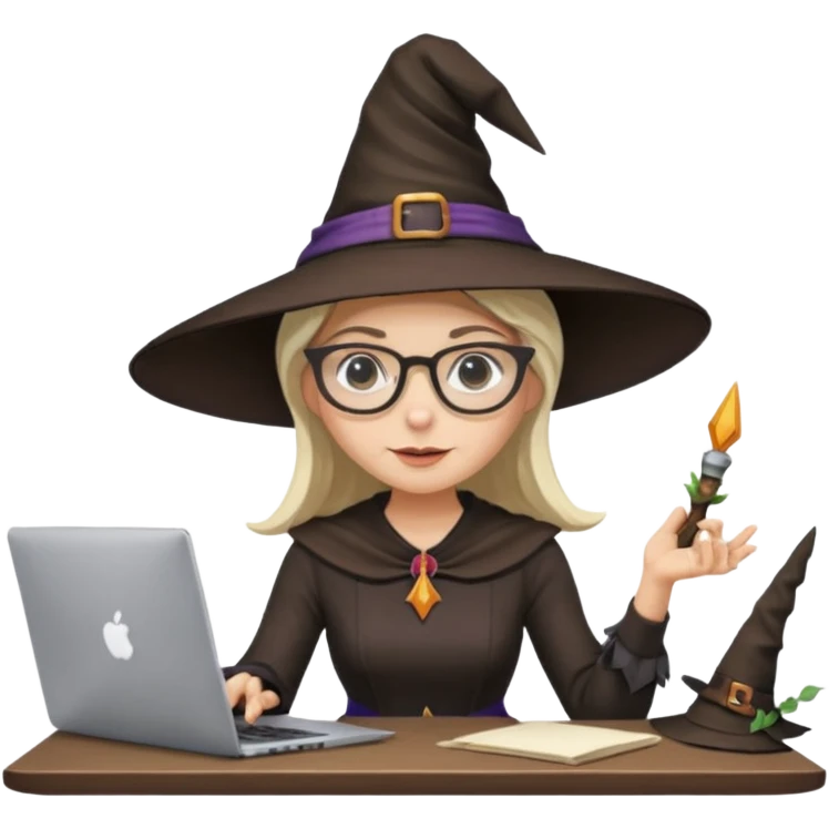 A female video editor wearing glasses, dressed like a witch with a pointed hat, sitting at a laptop editing a video, cinematic lighting, cozy creative studio, professional look, high quality, realistic emoji