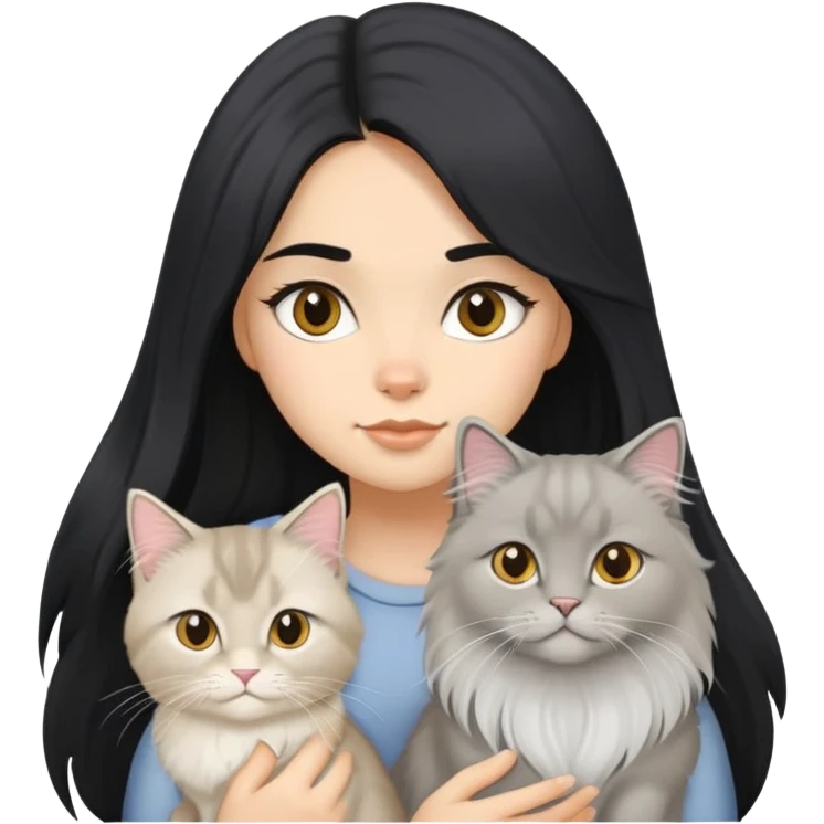 black hair girl with a grey longhair cat and a british longhair golden, two white british longhair  emoji