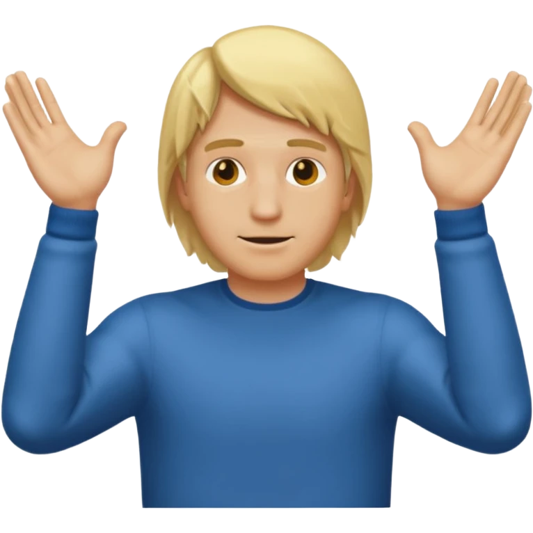 Blonde man with his face covered with the two arms going through down left to up right and with the two hands on the upper right edge of the emoji emoji