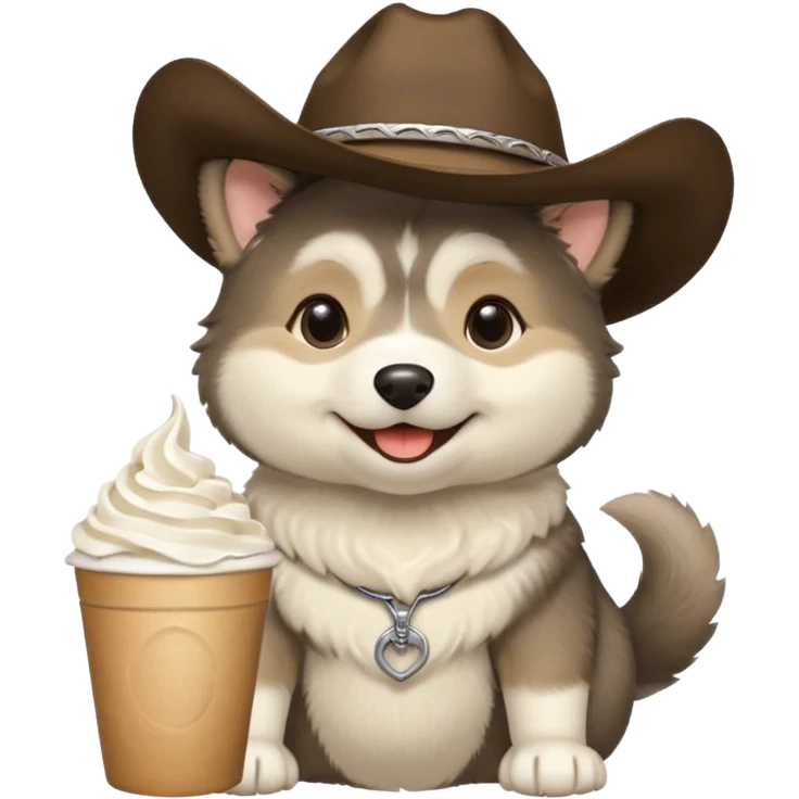 Agouti (more black and cream, some tan) Malamute puppy wearing cowboy hat and smiling with cup of whipped cream emoji