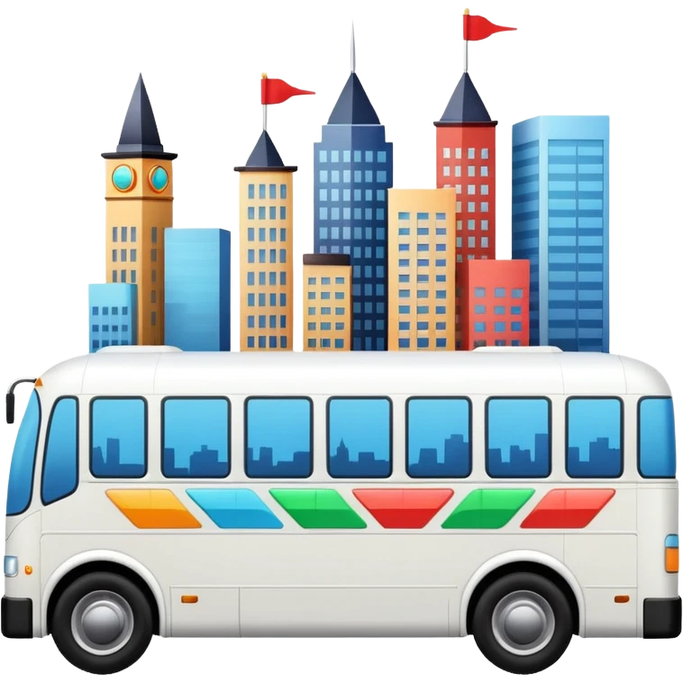 sleek bus from a slight angle with three colorful arrows leading to city symbols, no skyline emoji