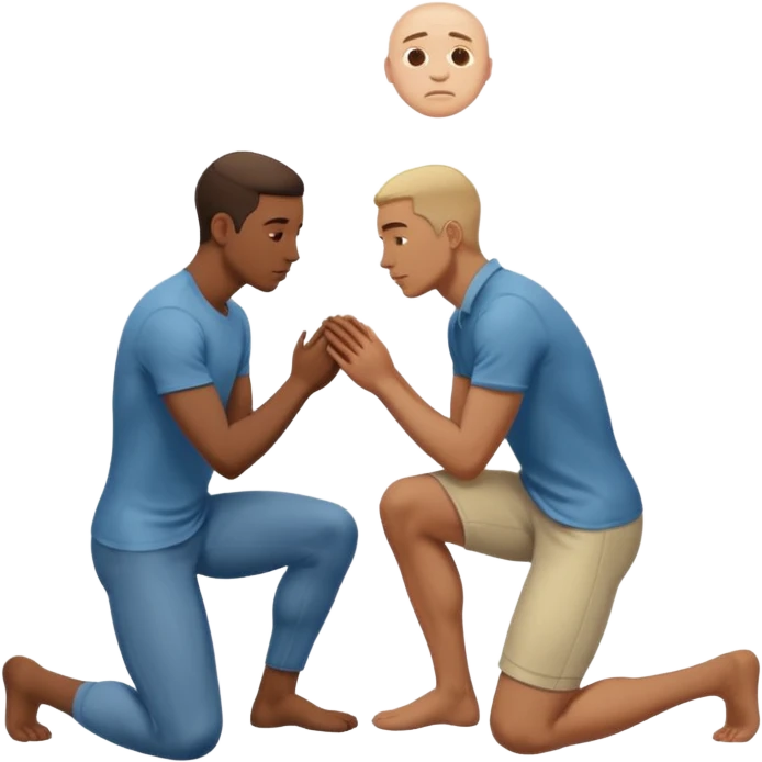 one guy standing up and the other guy is on both of his knees in front of said guy standing up who is loookg down at him and guy on knees is looking up at him emoji