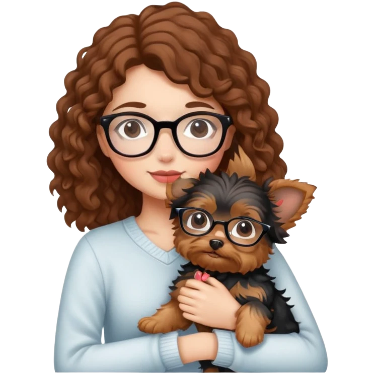 Girl with brown curly hair wearing glasses cuddling with a cute yorkie emoji