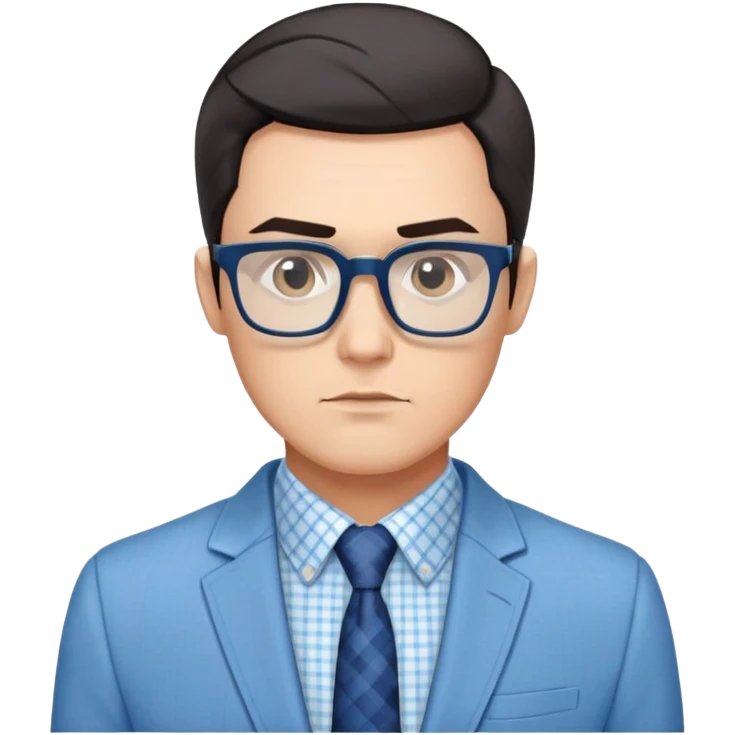 Man with angular square face, large dark square eyeglasses, short straight dark hair with side part. Composed serious expression. Wearing a light blue blazer over a white button-up shirt with blue checkered pattern. emoji
