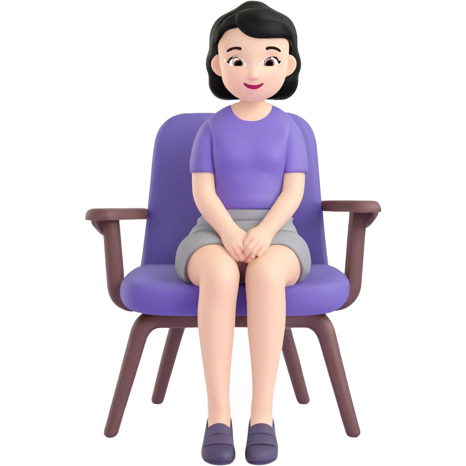 Girl with short black hair smiling sitting on a chair emoji