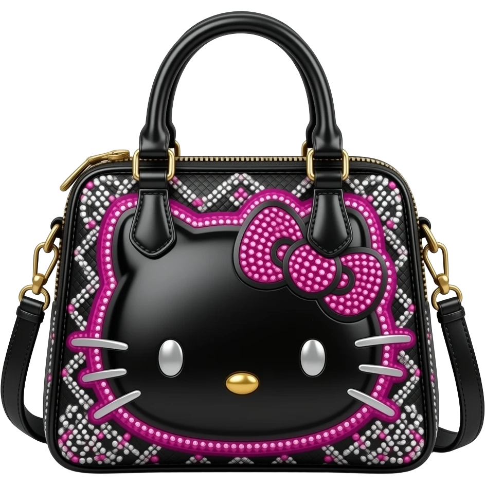 Ultra realistic Luxury dolce and Gabbana, hello kitty themed bag black, and neon pink with silver chrome mirco-detailed, 8k. Isolated, 3d rendering, no emoji icons, no emoji faces no human figures, 600 dpi emoji