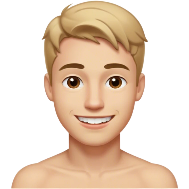 A young man with dark blonde hair, smiling with a small gap between his front teeth like Madonna. He has a light stubble, thin eyebrows, and rosy lips. He is shirtless. emoji