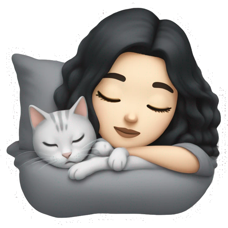 White girl with black hair sleeping with light grey kitty emoji