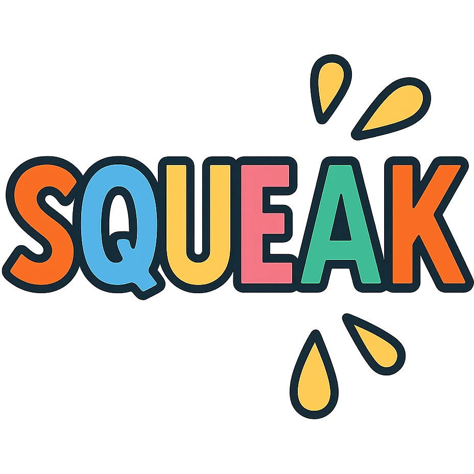the word 'squeak' in a colorful icon style with black outlines and vibrant colors emoji
