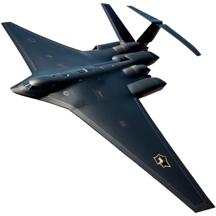 B-2 Spirit bomber - Northrop B-2 (Model Year: 2021) (Iconic colour: Stealth black) - A sleek, stealth bomber with smooth, angular contours and a matte jet-black finish. Emphasize a futuristic, minimalist design with a seamless fuselage, low-profile wings, and an overall intimidating stealth aesthetic. emoji