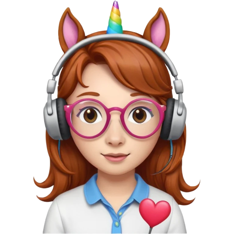 headphone wearing unicorn with dark ginger hair and heart shaped spectacles emoji