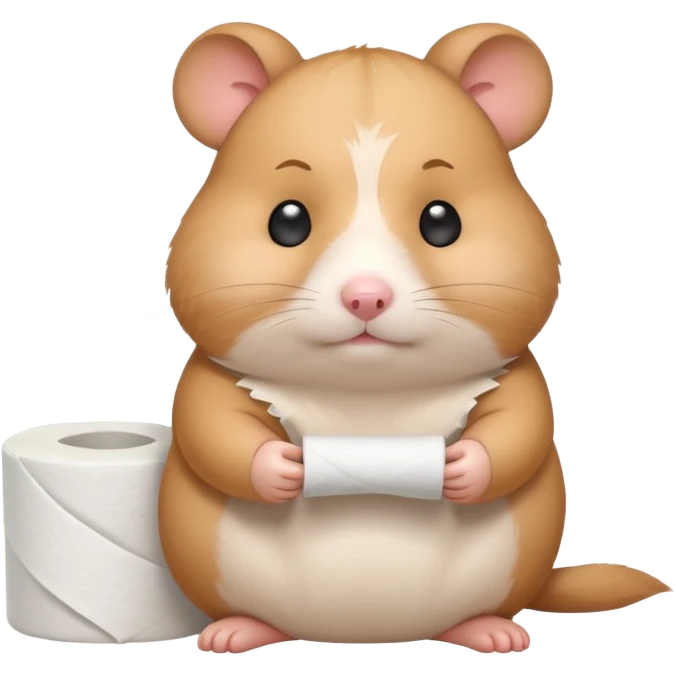 Cute chubby cartoon-style hamster holding toilet paper sitting on toilet looking as if he had an accident, sticker-style illustration emoji