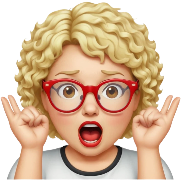 Blonde woman with short curly hair, slightly overweight, wearing glasses with red frames, shouting with hands on each side of her mouth emoji