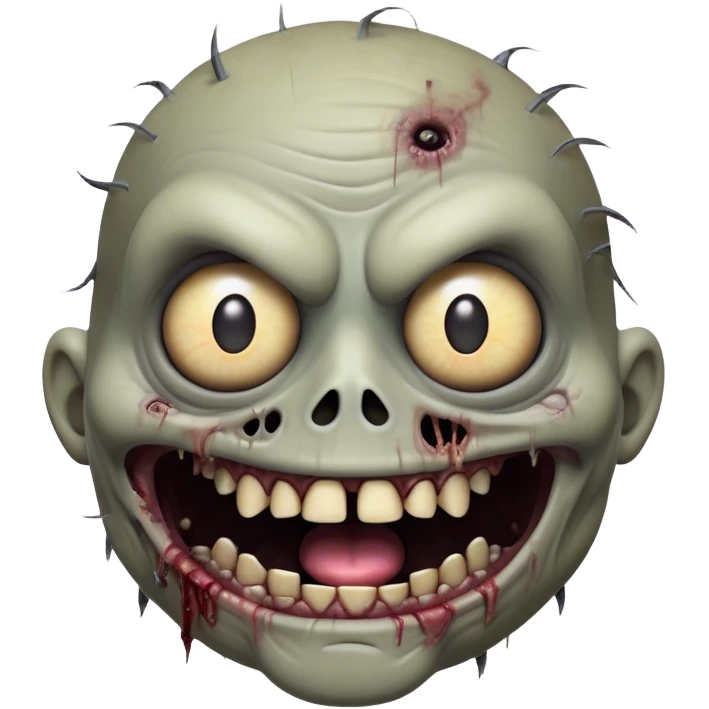 Cinematic Comical Zombie Portrait Emoji, with a grotesquely exaggerated yet playful decaying face in muted ashen tones, head cocked in a dramatically shocked expression with wildly comical, googly eyes and a gaping, silly grin revealing quirky stitches, simplified yet hilariously expressive, highly detailed with a soft eerie glowing outline capturing the absurd humor of a zombie in comic disbelief! emoji