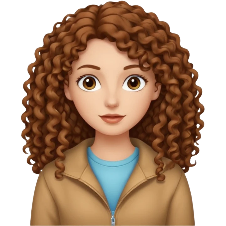 White girl with brown long 3A curly hair, brown almond shape eyes, refined wide nose, natural lips. Cute clothnig emoji