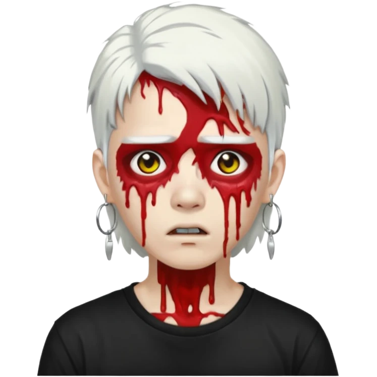 ok make a zombie avatar that has pale skin more like zombie not human, young, asian, mullet hair, white hair with hoop earrings wearing just a black T shirt white blood from the eyes, p emoji