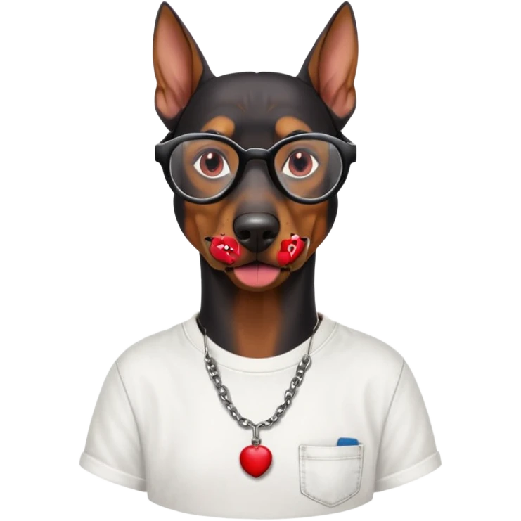 Generate a emoji of a big evil doberman dog with red eyes and a tongue sticking out, give the doberman a human body with a white shirt and baggy jeans, make the doberman have ear piercings and a septum ring, make the dog have black circular glasses with a red tint emoji