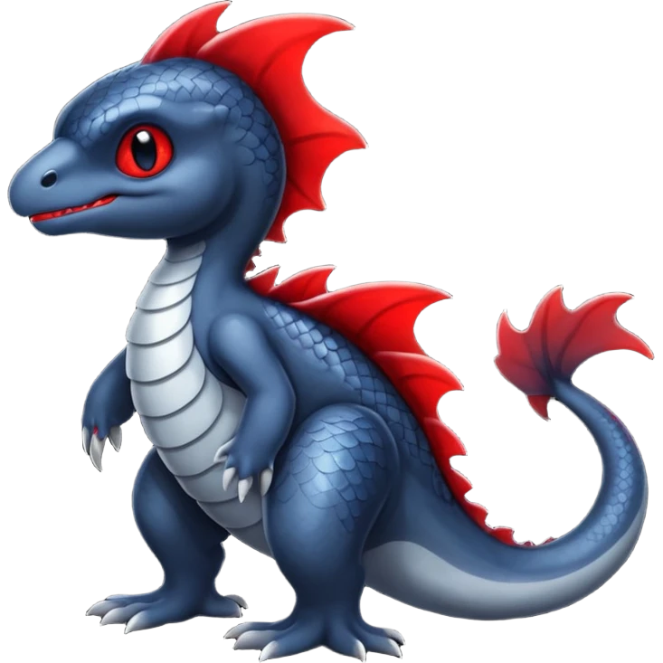 midnight blue-gray-black, with red markings, white belly, scaley Bastet-Noibat-Gatomon-Digimon-Fakémon-Pokémon-creature (full body) emoji