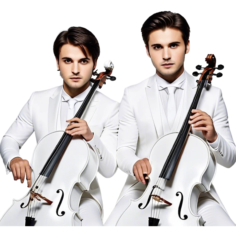 detailed portrait of 2cellos, focusing on their upper half. both musicians are wearing elegant white outfits, holding their cellos with a confident and dynamic posture. their expressions are intense and passionate, with soft lighting highlighting the sleek and modern aesthetic. the background is minimal and bright, enhancing the elegant and sophisticated vibe emoji