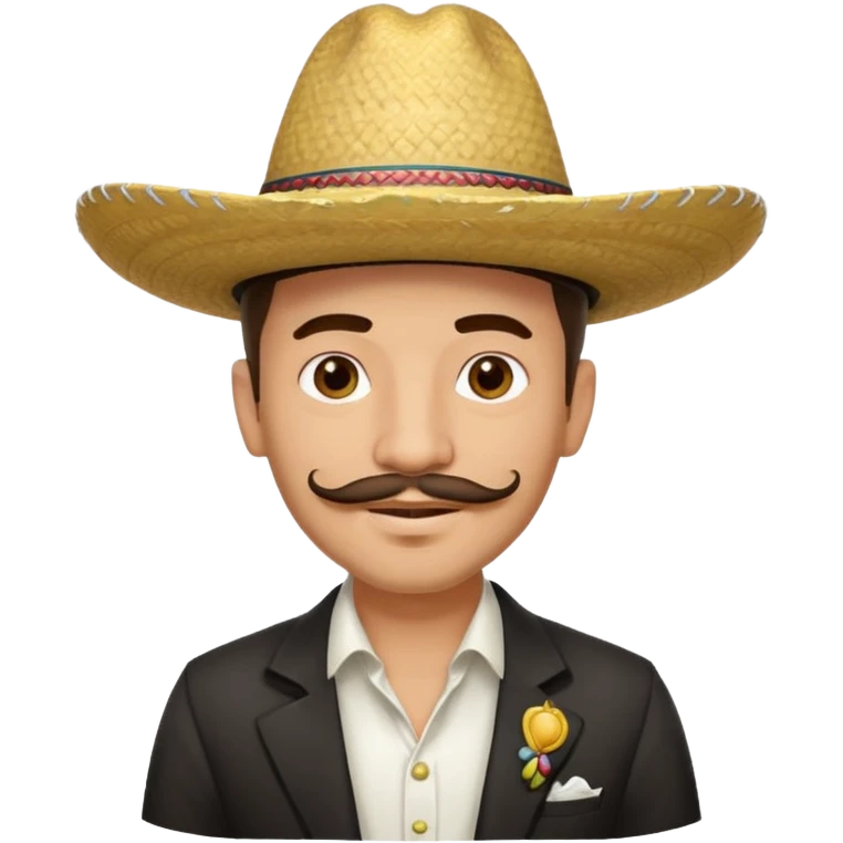 A happy, light skinned, Colombian man, with a small not connected mustache, a small gotee, wearing a Colombian Sombrero Voltiao with black rings on it, and wearing a white dress shirt emoji