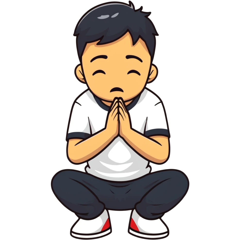 sad Asian man kneeling, crying emoji