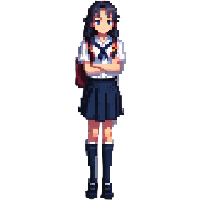 slender schoolgirl in navy uniform in classroom at sunset with dramatic shadows, one desk pulled out, gazing at window, feeling of longing emoji