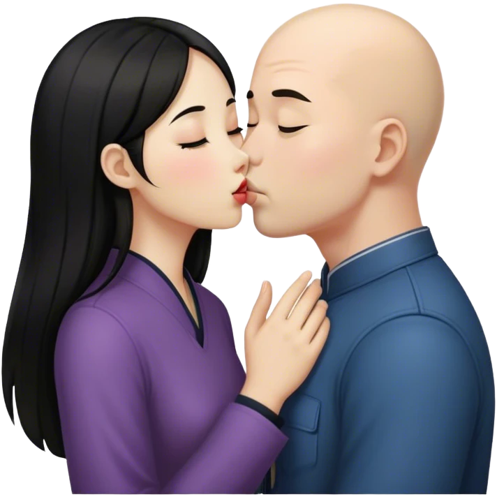Long dark hair Chinese girl kissing bald white boy  emoji
