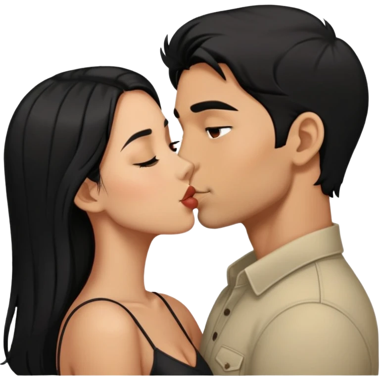 Tan girl with black hair kissing same skintone man with short hair  emoji