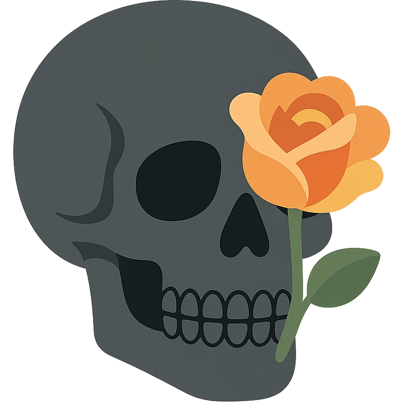 A dark, grey skull with sharp, angular features and a mysterious, haunting aura, featuring a rose delicately placed in one of its hollow eye sockets. The skull is in shades of grey, accented with soft tones of golden orange (FA9B41), forest green (4A7C5C), muted taupe brown (96775A), and pastel peach (FFCC9A). The rose, vibrant in its peach and orange hues, contrasts with the cold, eerie grey of the skull, its petals unfurling gently around the eye socket. The background is dim and shadowy, with a faint, mystical glow illuminating the skull and rose, adding to the gothic and slightly surreal atmosphere. The scene feels both haunting and beautiful, with a touch of elegance. emoji