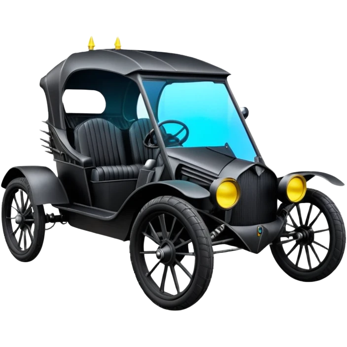 Mad max survival apocalypse ghostly sporty antique electric Darth Vader’s Batman-armored 1926 black graphite colored enclosed twin seat town buggy with horizontal holographic 3d stars painted on the body sides and neon under glow  emoji
