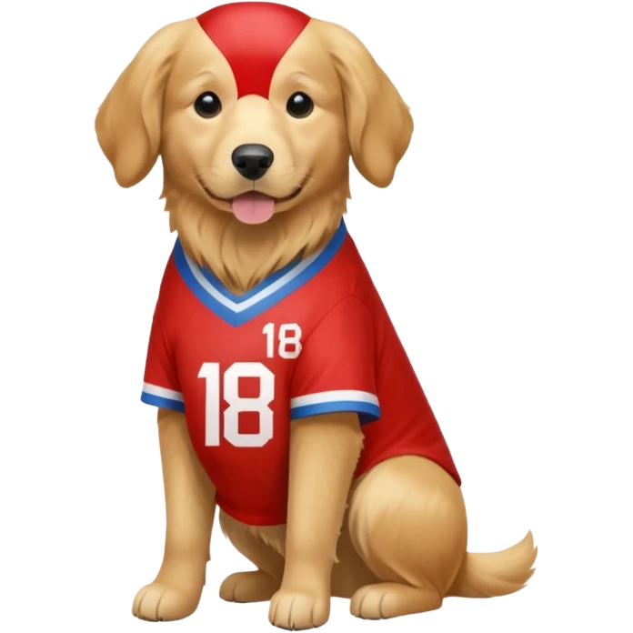 a golden retriever with a red and white jersey that has the number 18 on it with no blue  emoji