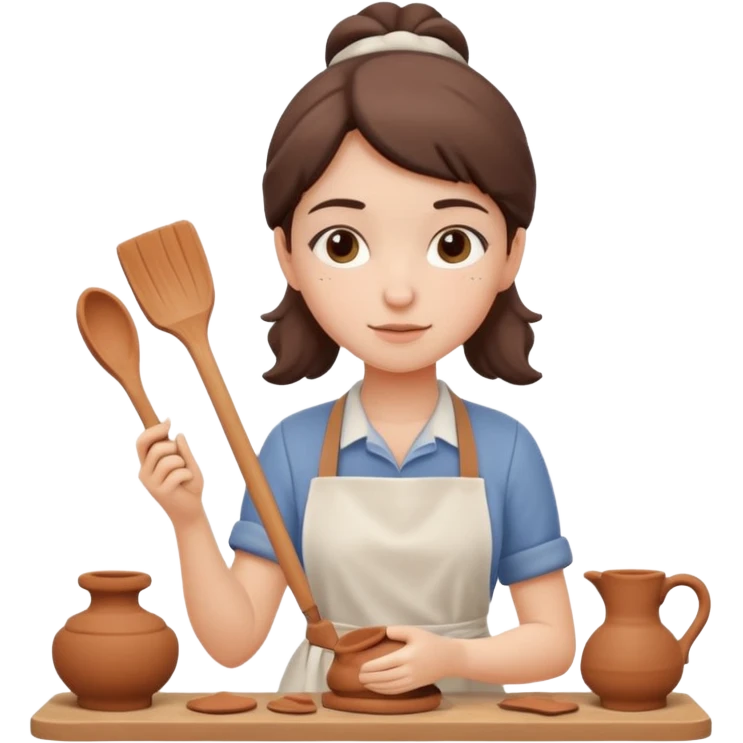 A ceramicist girl in an apron sculpts from clay emoji