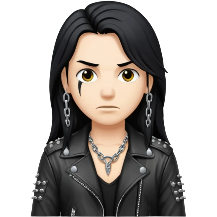 A fan of heavy extreme music, a metalhead with long black hair, rivets in chains on a leather jacket emoji