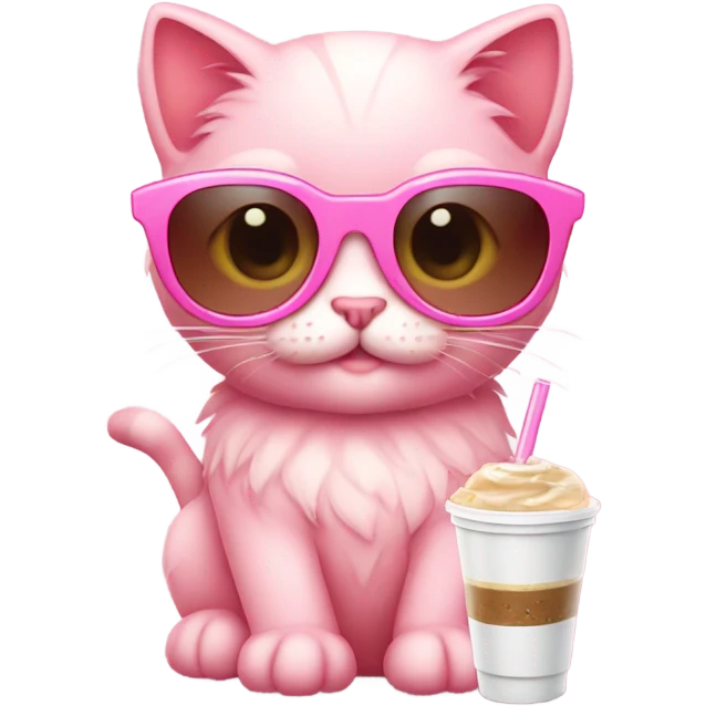 A pink kitten wearing sun glasses and holding a iced coffee emoji