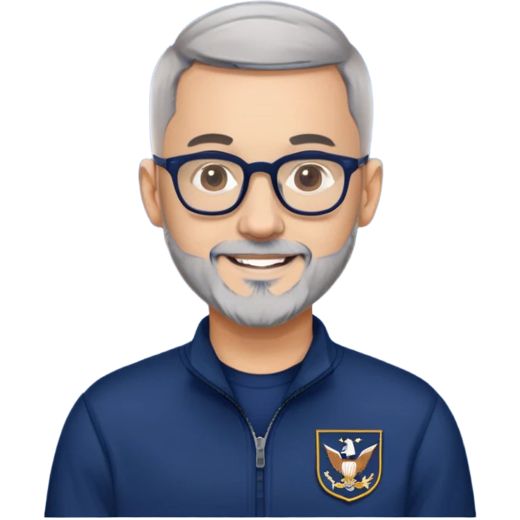 Man with light skin, extremely short black hair (military buzz cut), short peppered gray beard, large black-framed glasses, smiling face, navy blue zip-front sweatshirt with long sleeves emoji