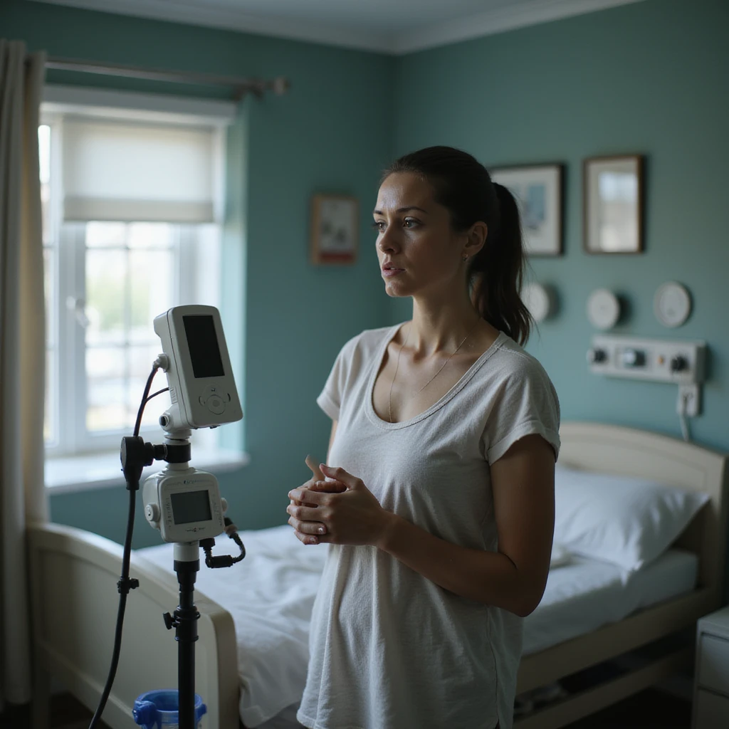 hyperrealistic 4K image of new mother standing in nursery, obsessively checking baby monitor, dark circles under eyes, surrounded by every safety device imaginable, anxious and exhausted, safe and detailed environment emoji