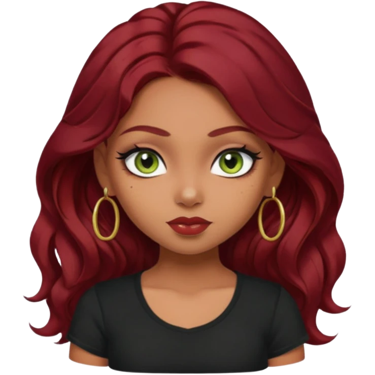 a pretty FAIR indian bratz girl with wavy dark red hair, wearing a black tee. eyeliner on, olive green eyes.  emoji