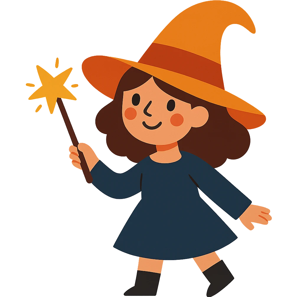brunette girl witch, magical hat, holding a wand, whimsical style emoji