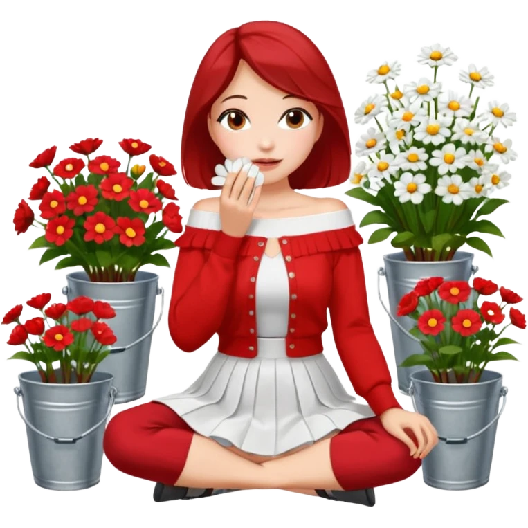 a woman sitting on a tiled surface surrounded by various bouquets of flowers in metal buckets and glass vases. She is holding a single white flower up to her face, covering it playfully. She wears a red off-shoulder cardigan and a white skirt. emoji