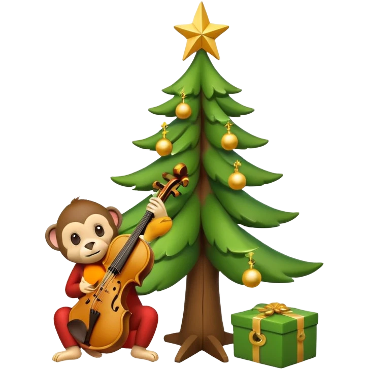 A cute, minimal emoji-style Christmas tree with a bright green triangular shape decorated, a wooden violin replacing the trunk, and a small playful monkey sitting at the very top carefully placing a golden Christmas star emoji